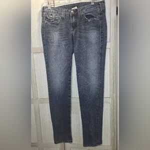 True Religion Womens Straight Leg Low Rise Jean Size 31 Distressed Flap Pockets